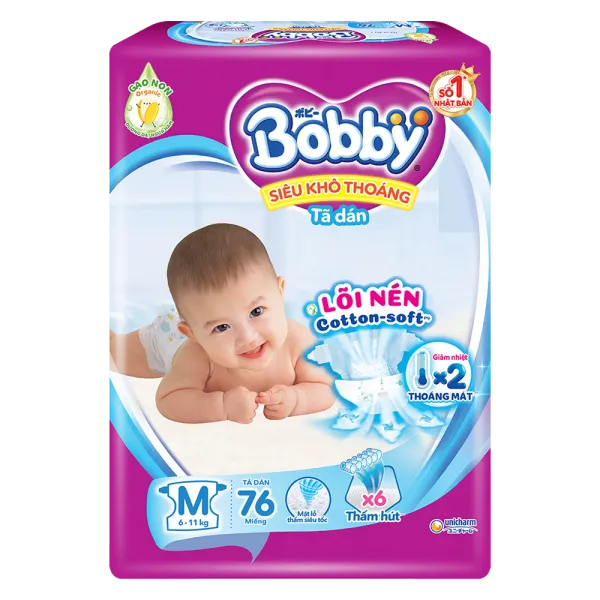 Bỉm tã dán Bobby siêu thấm size M (76 miếng, 6 - 10kg)