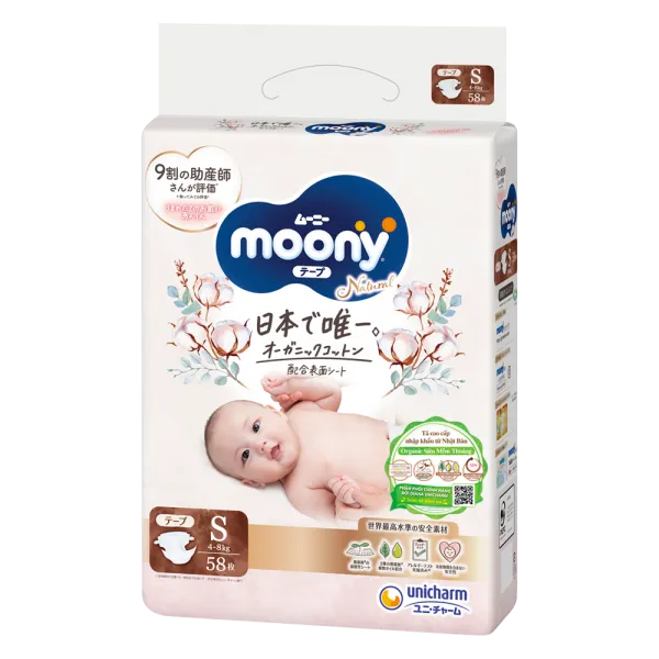 Bỉm tã dán Moony Natural size S (58 miếng, 4 - 8kg)