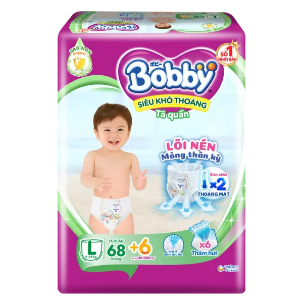 Bỉm tã quần Bobby size L (68 miếng, 9 - 13kg)
