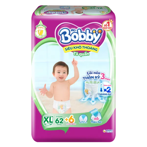 Bỉm tã quần Bobby size XL (62 miếng, 12 - 17kg)