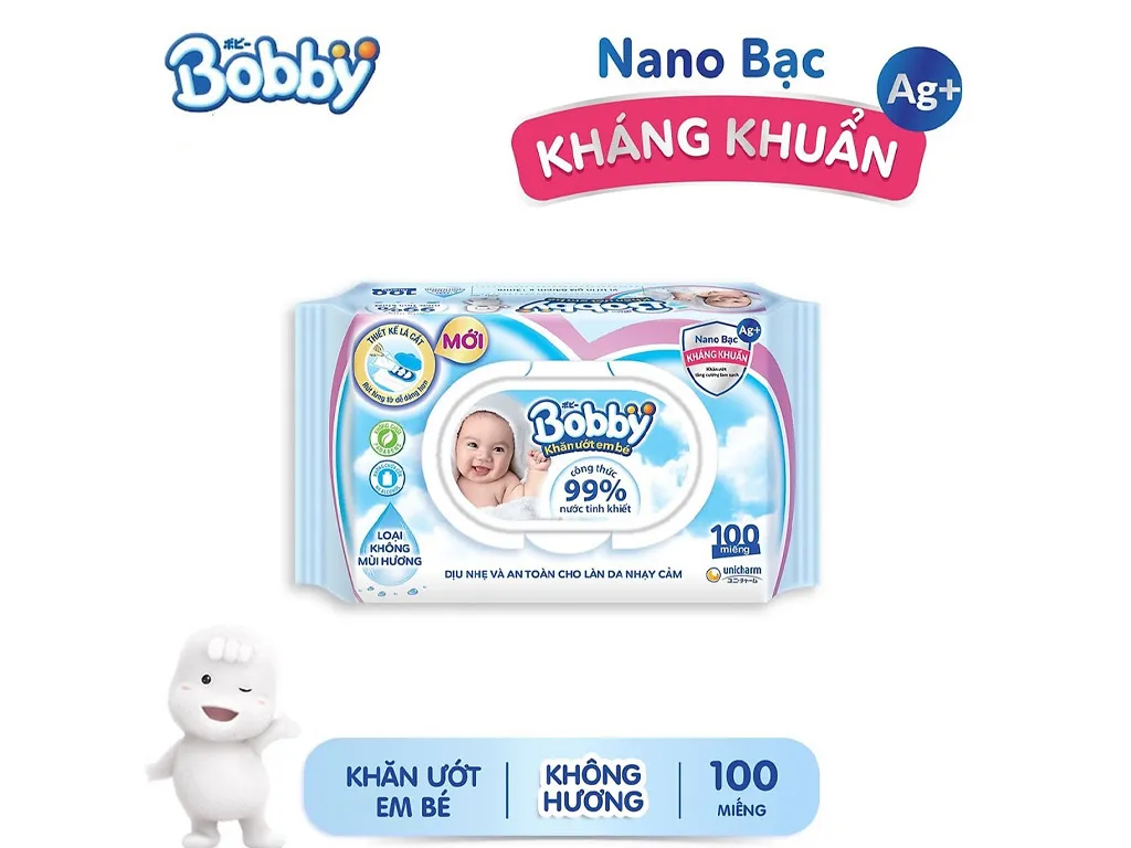 Khăn ướt em bé Bobby không mùi gói 100 miếng
