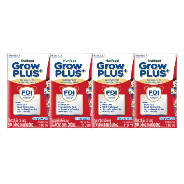 Sữa bột pha sẵn Nutifood GrowPLUS+ Đỏ ít đường 110ml (lốc 4 hộp)