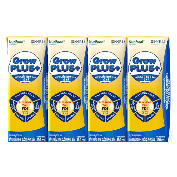 Sữa bột pha sẵn Nutifood GrowPLUS+ Sữa non Vàng 2+ 180ml (lốc 4 hộp)