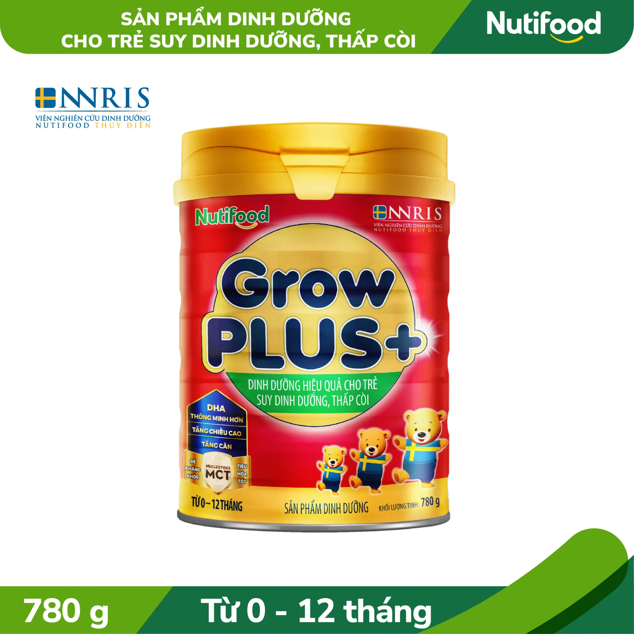 Sữa bột cho bé Nutifood GrowPLUS+ Dinh Dưỡng Cho Trẻ Suy Dinh Dưỡng, Thấp Còi 780g (0 - 12 tháng tuổi)