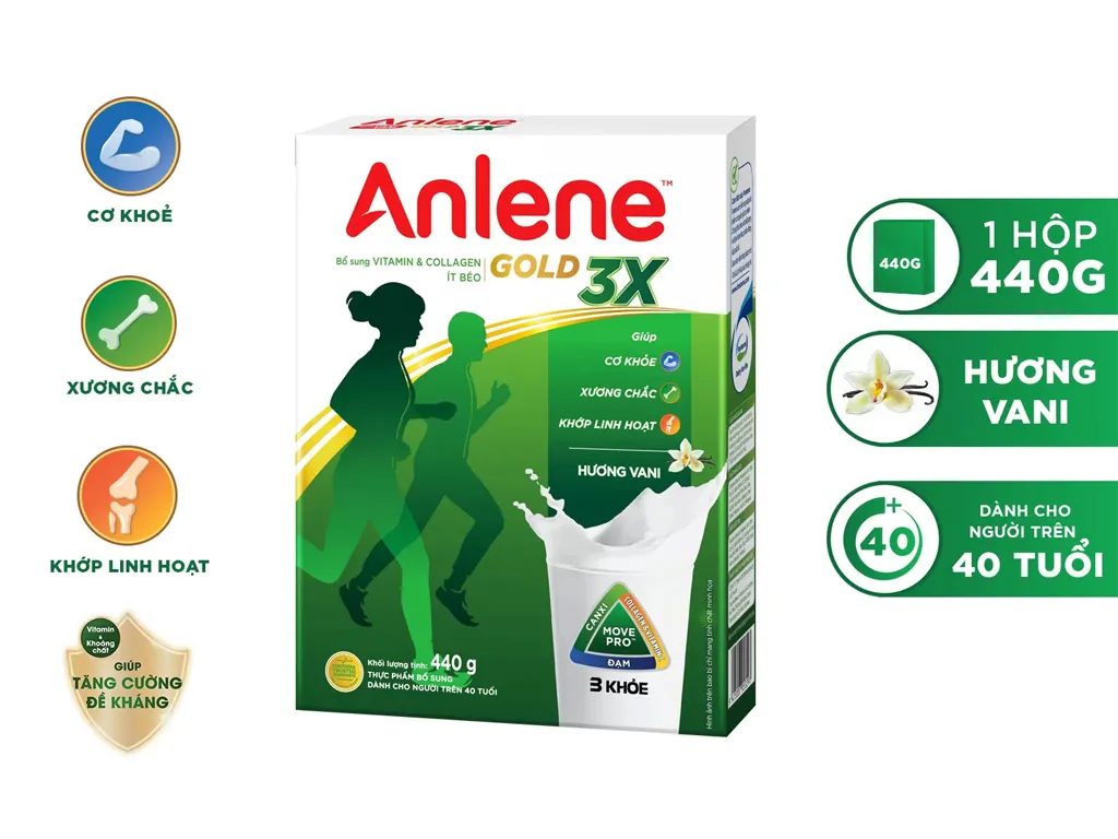 Sữa người lớn Anlene Gold 3X hương vani hộp giấy 440g (trên 40 tuổi)