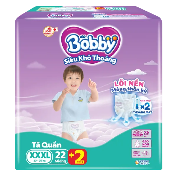 Bỉm tã quần Bobby size XXXL (22 miếng, 20 - 35kg)